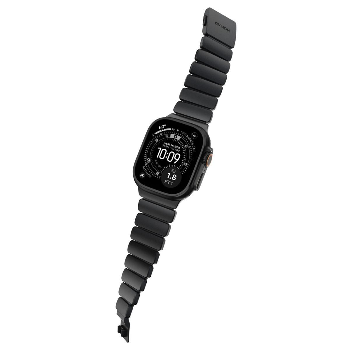 Smartwatch nero con cinturino in metallo, mostra ore 10:09, meteo e satellite.