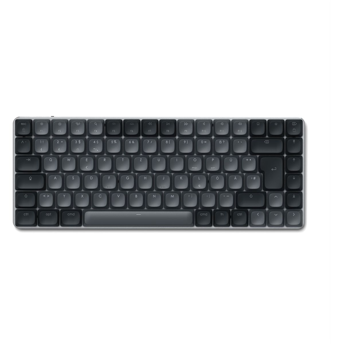 Eine dunkelgraue, kompakte mechanische Tastatur mit weißer Schrift auf den Tasten.