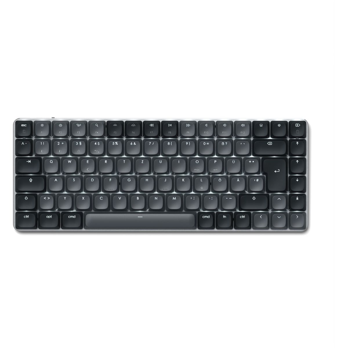 Eine dunkle Tastatur mit weißen Tastenbeschriftungen auf weißem Hintergrund.