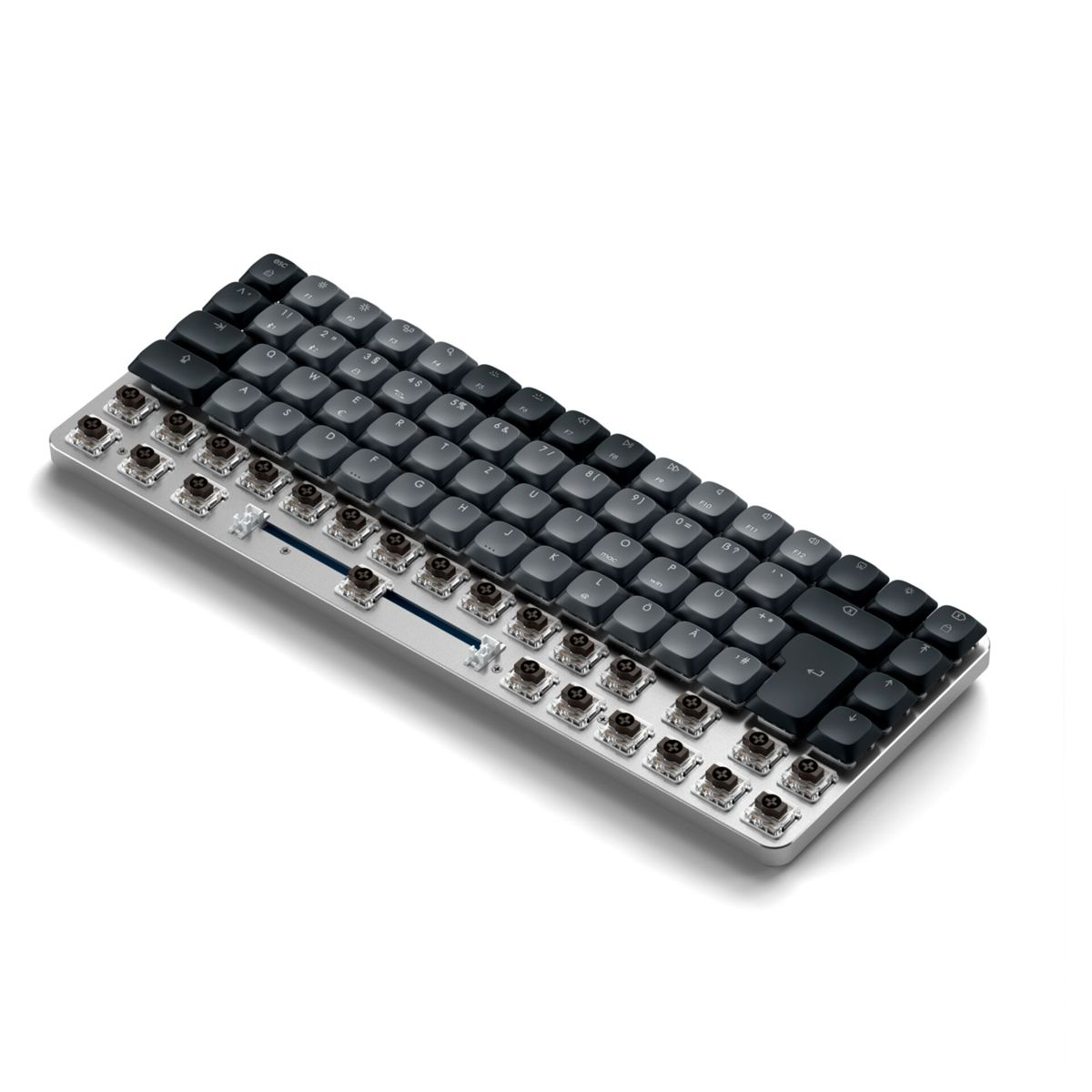 Eine graue mechanische Tastatur mit silbernem Rahmen und freiliegenden Schaltern.