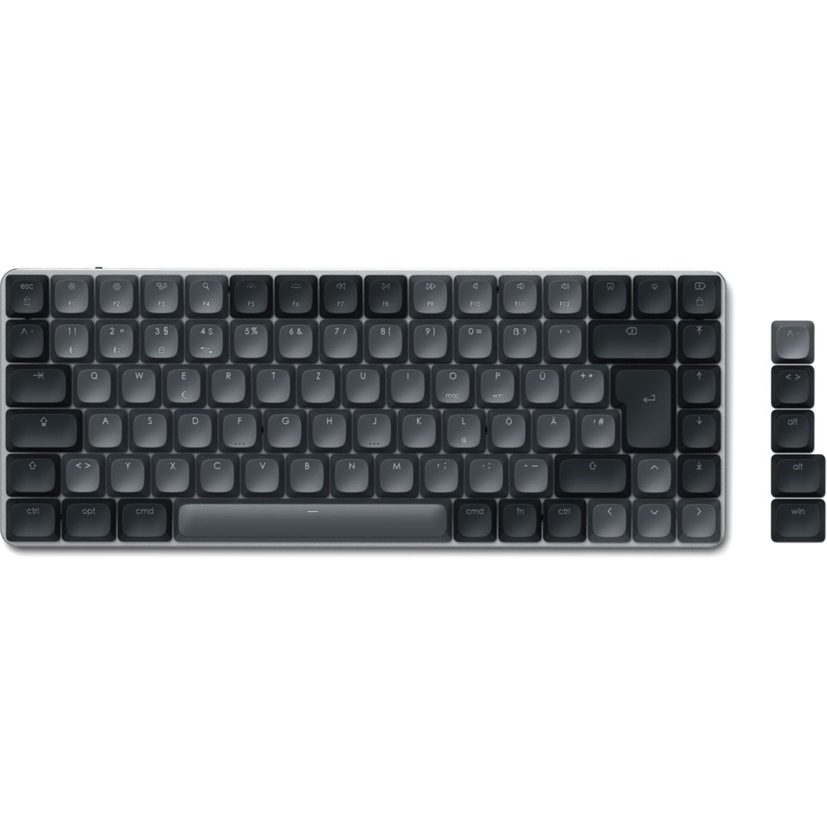 Eine dunkle Tastatur mit numerischem Block und separaten Tasten daneben.