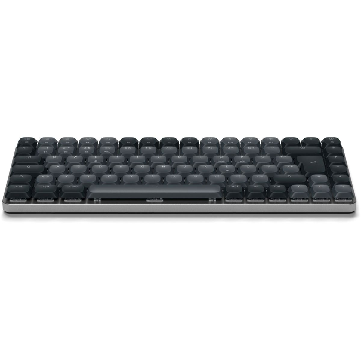 Eine graue Tastatur auf einem weißen Hintergrund.