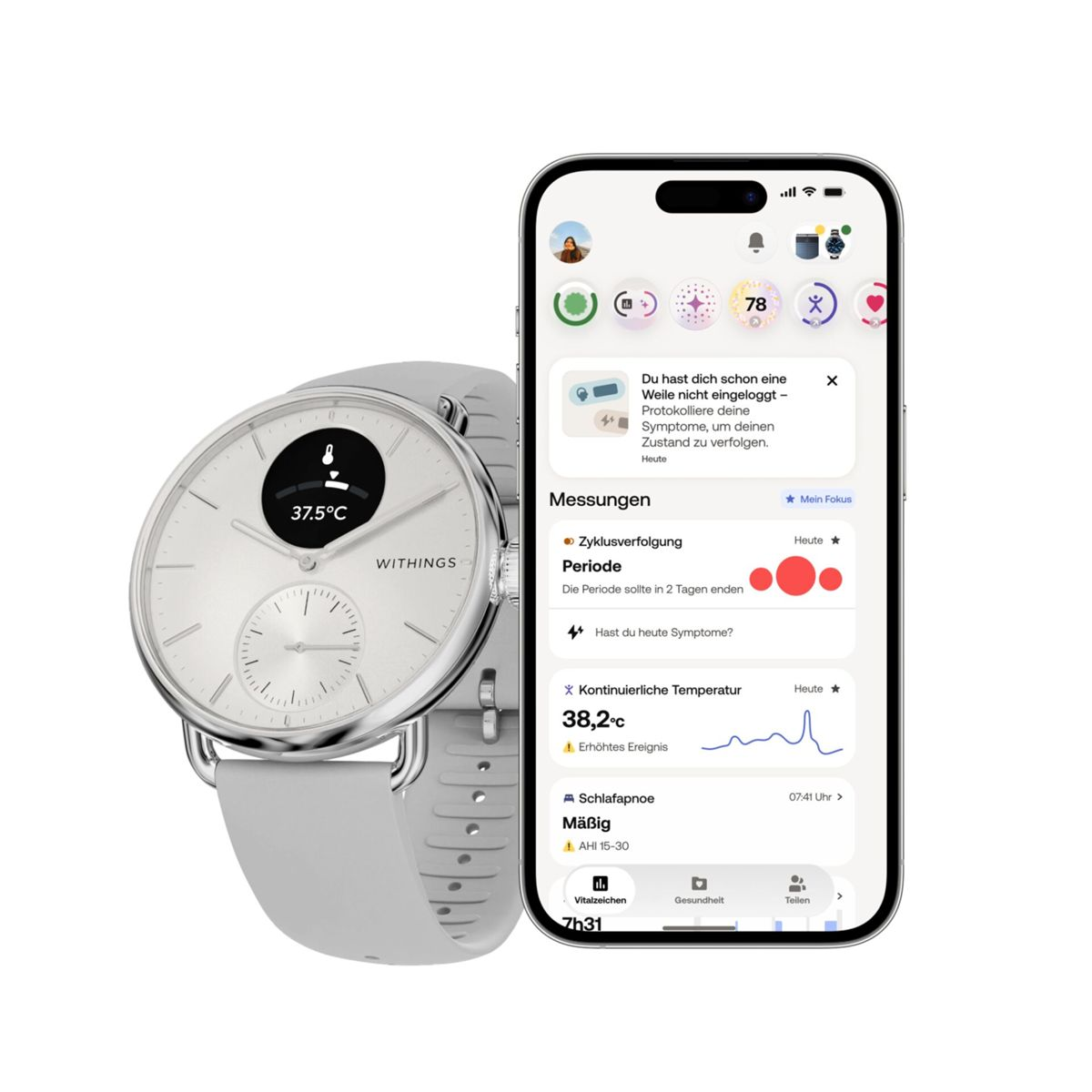 Un smartwatch y un smartphone blancos muestran datos de salud como temperatura y ciclo.