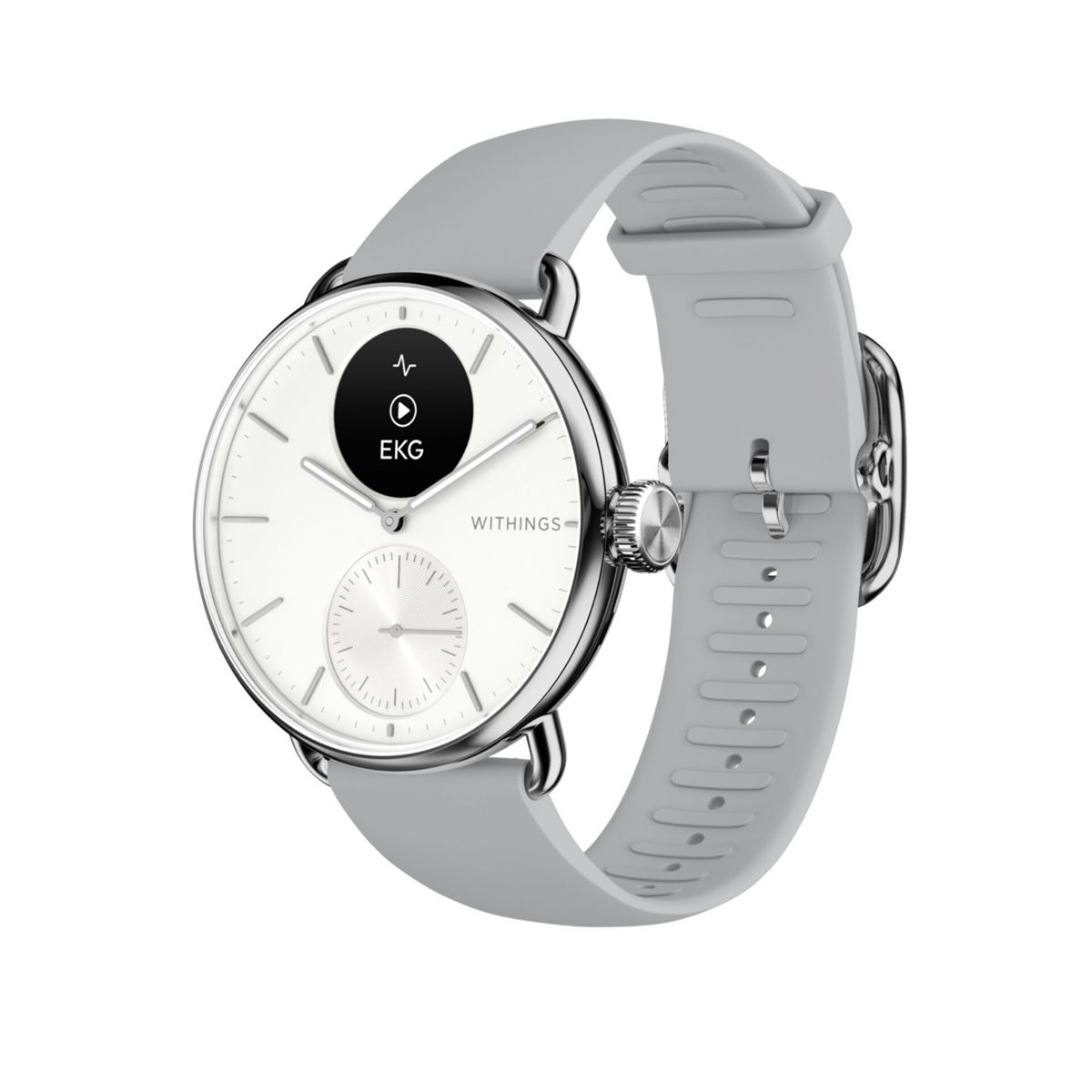 Un reloj inteligente plateado con correa gris muestra datos de EKG.