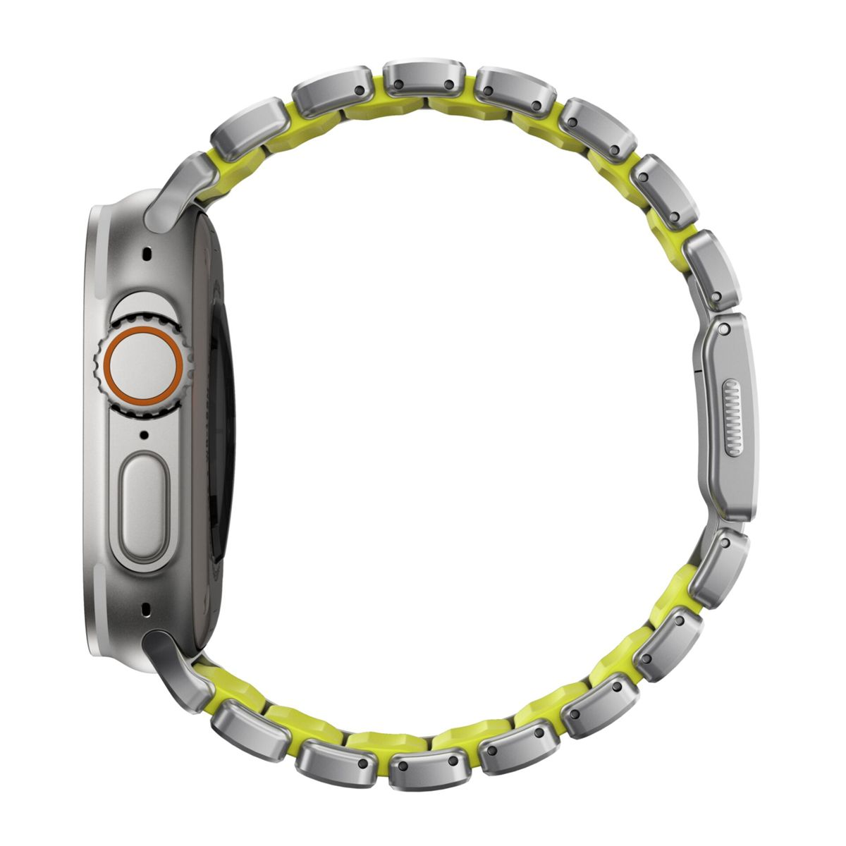 Reloj inteligente gris con correa de eslabones plateada y acentos amarillos.