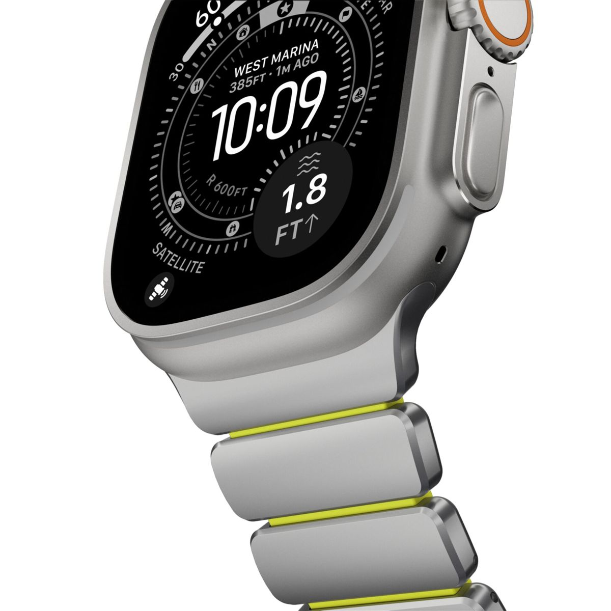 Primer plano de un reloj inteligente plateado con pantalla digital negra mostrando las 10:09.