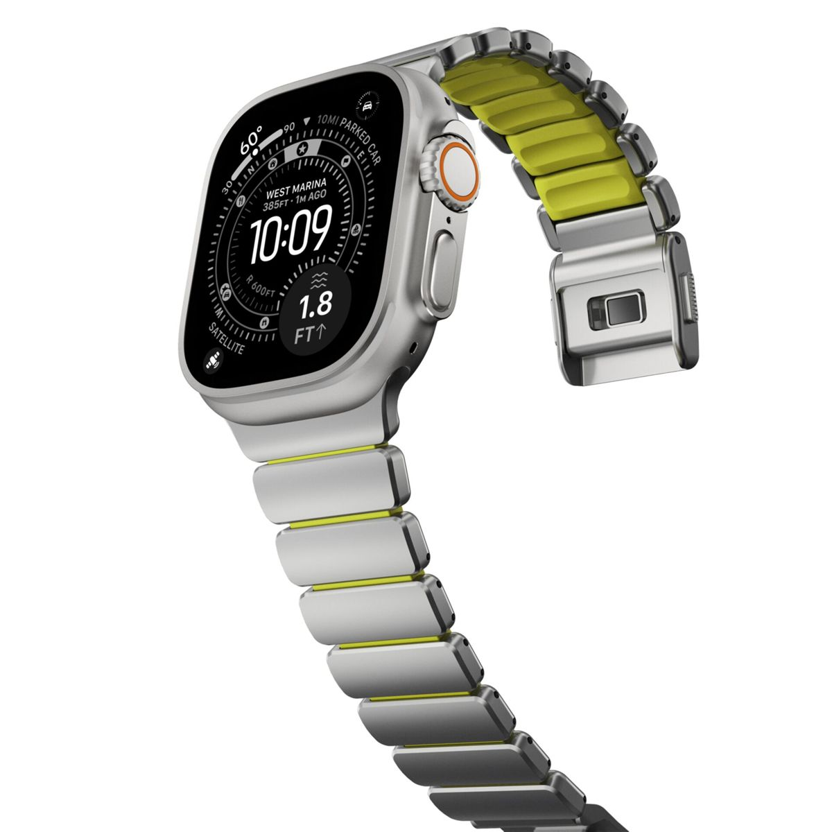 Reloj inteligente plateado con acentos amarillos y pantalla mostrando las 10:09.