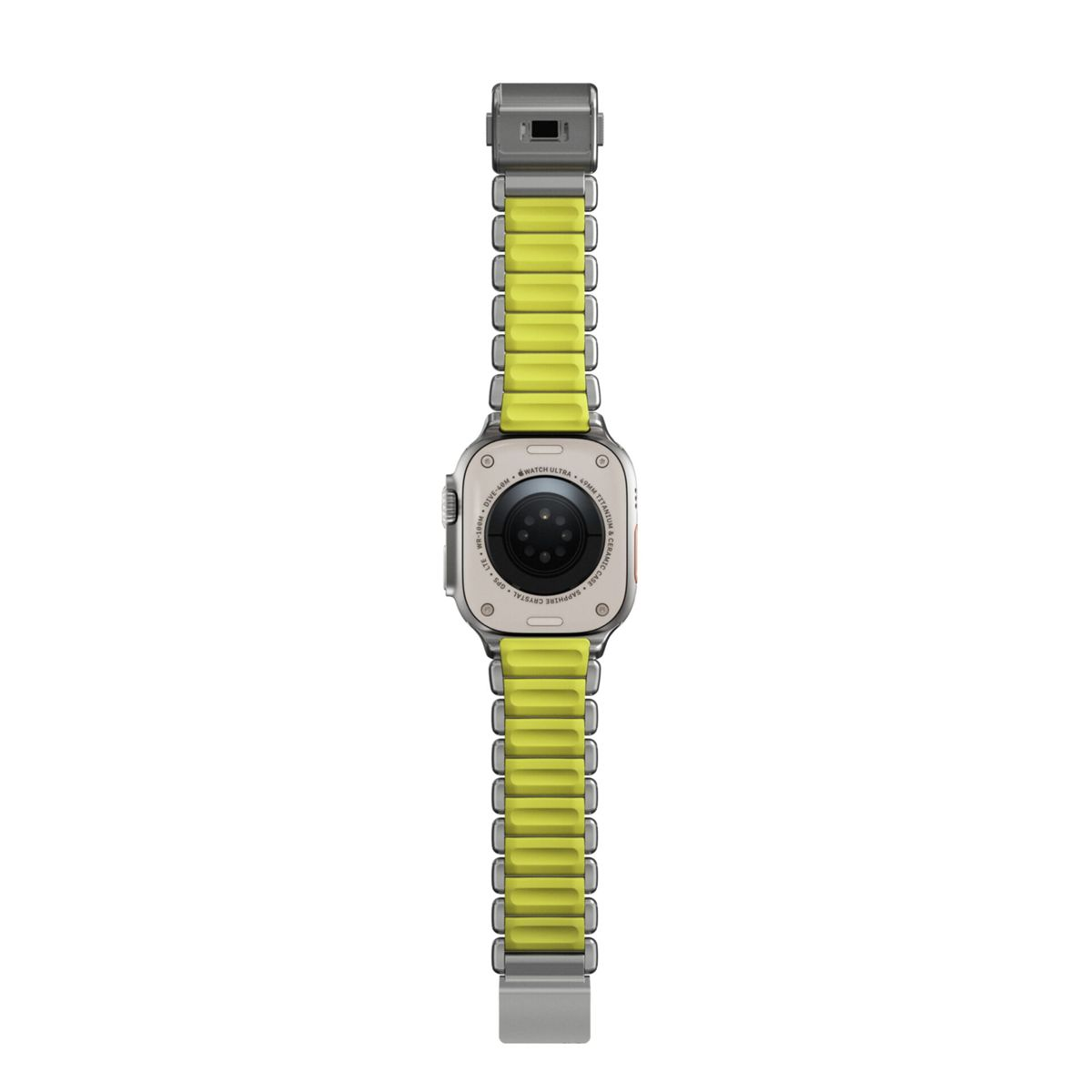 Reverso de un smartwatch con correa amarilla y eslabones plateados.