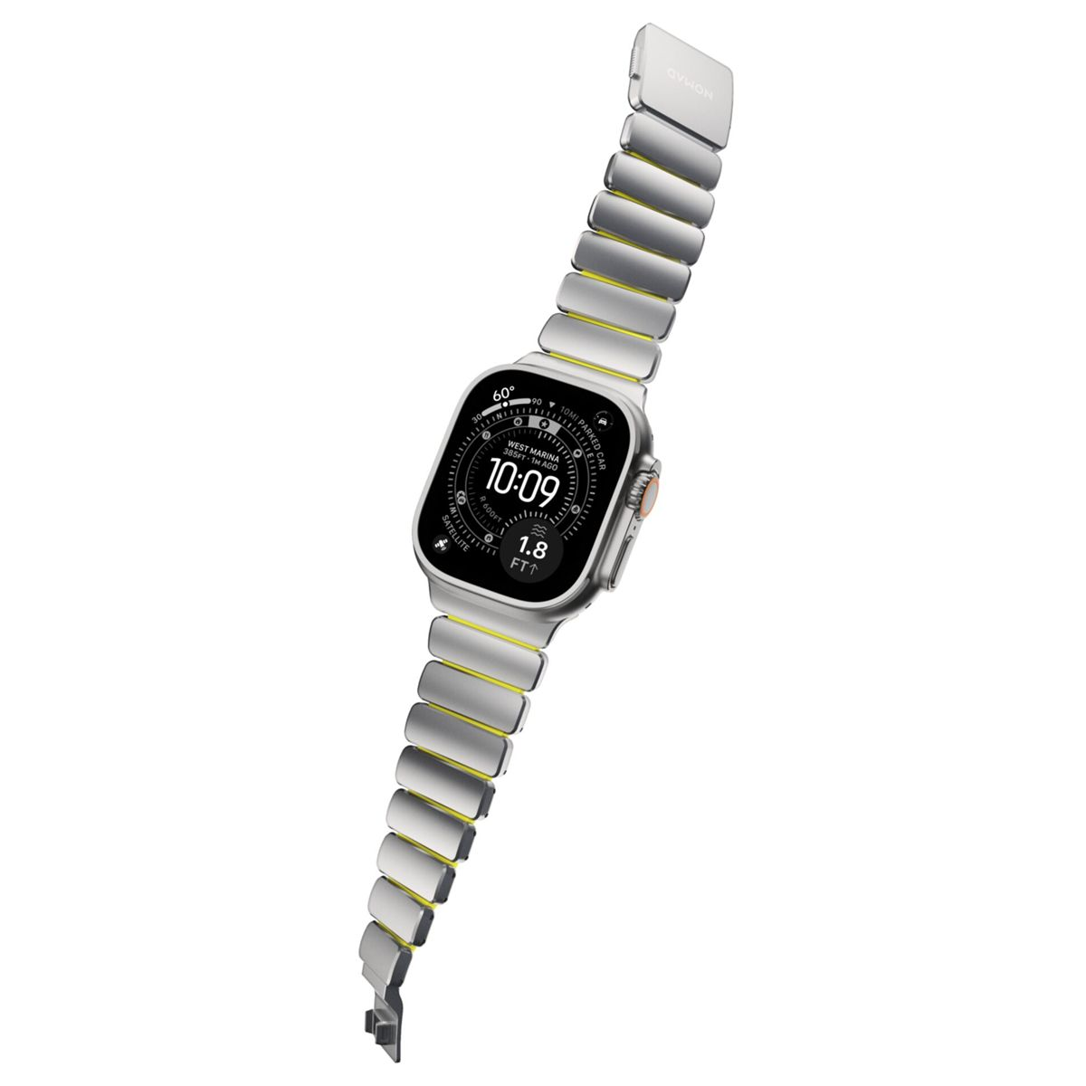 Reloj inteligente gris con correa plateada y detalles amarillos en la esfera.