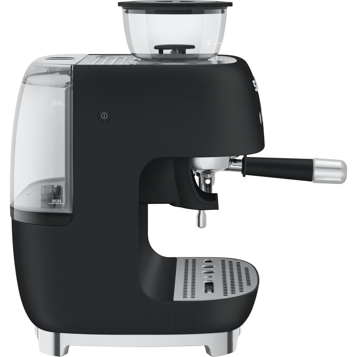 Máquina de espresso negra con depósito de agua, molinillo y portafiltro.