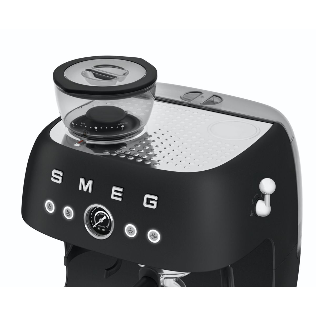 Cafetera SMEG negra con depósito de granos de vidrio y manómetro.