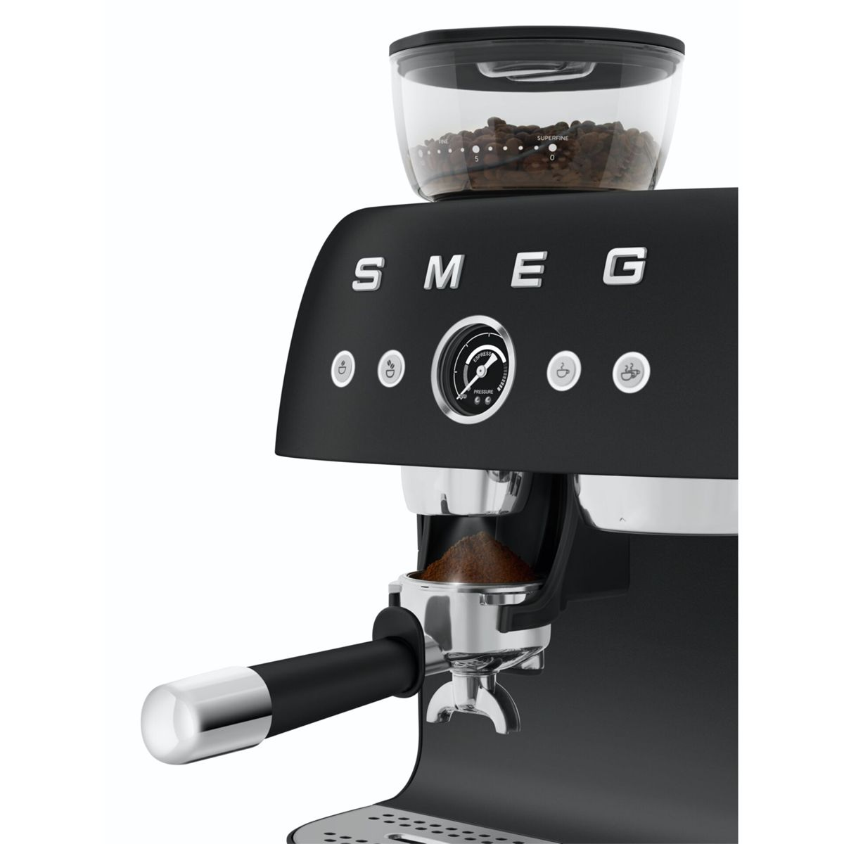 Cafetera negra con depósito de granos arriba, manómetro y portafiltro.