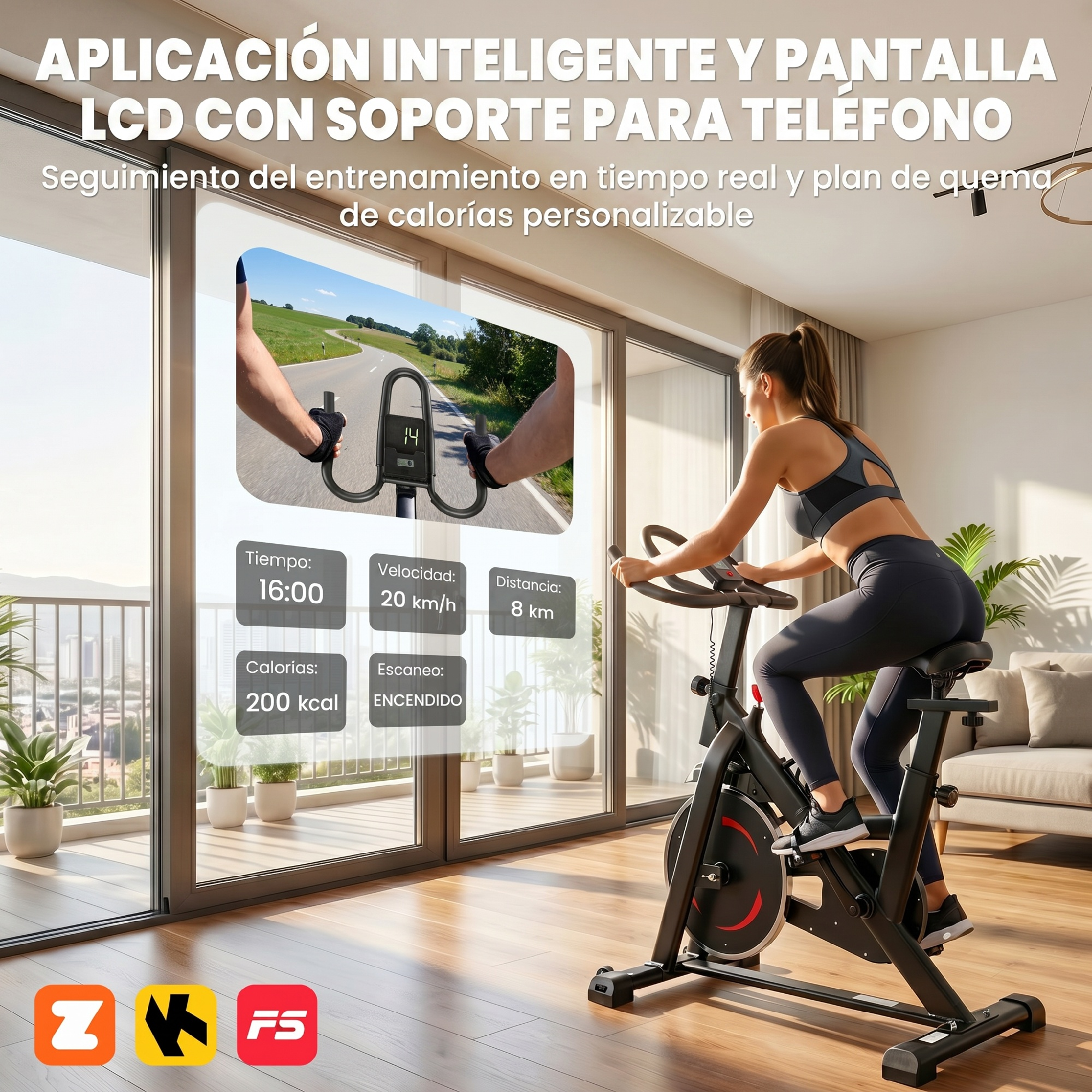 Mujer en bicicleta estática con pantalla LCD mostrando tiempo, velocidad, distancia y calorías.