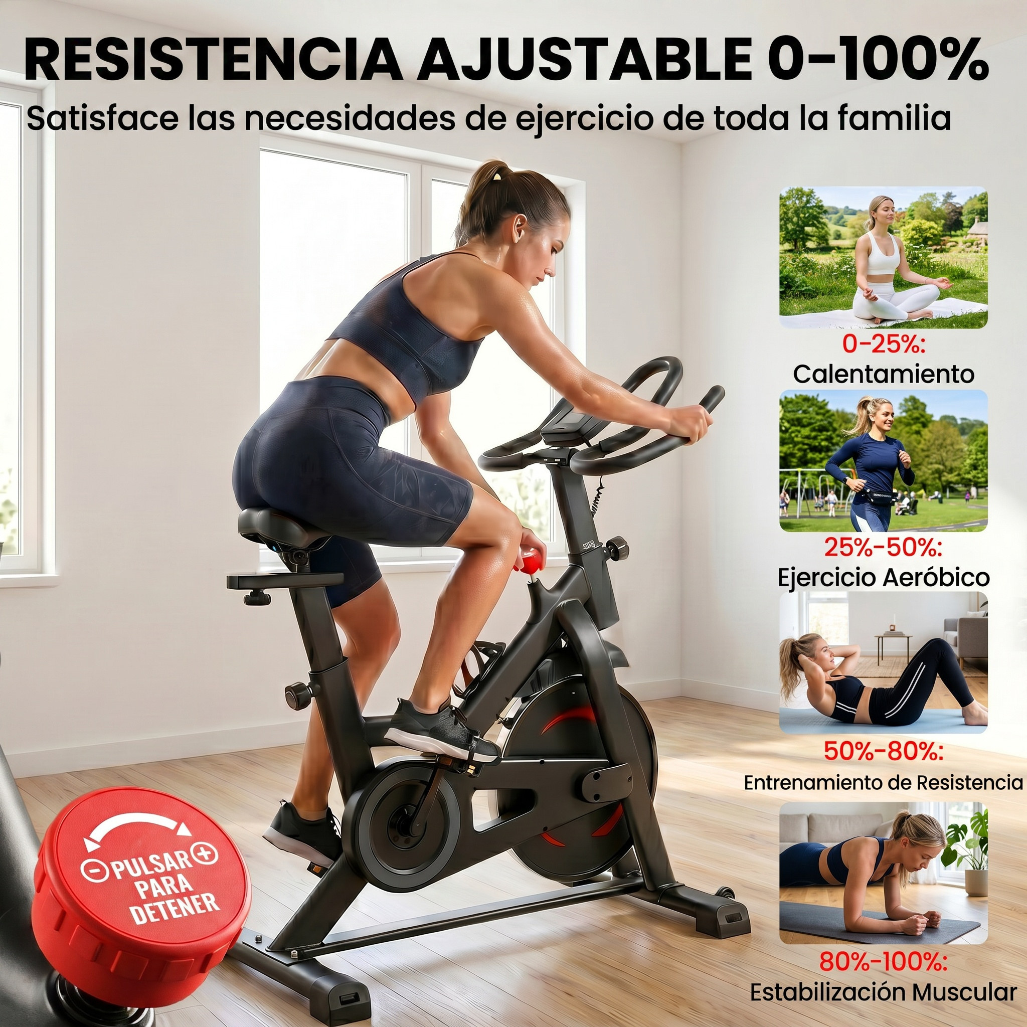 Mujer en bicicleta estática mostrando distintos niveles