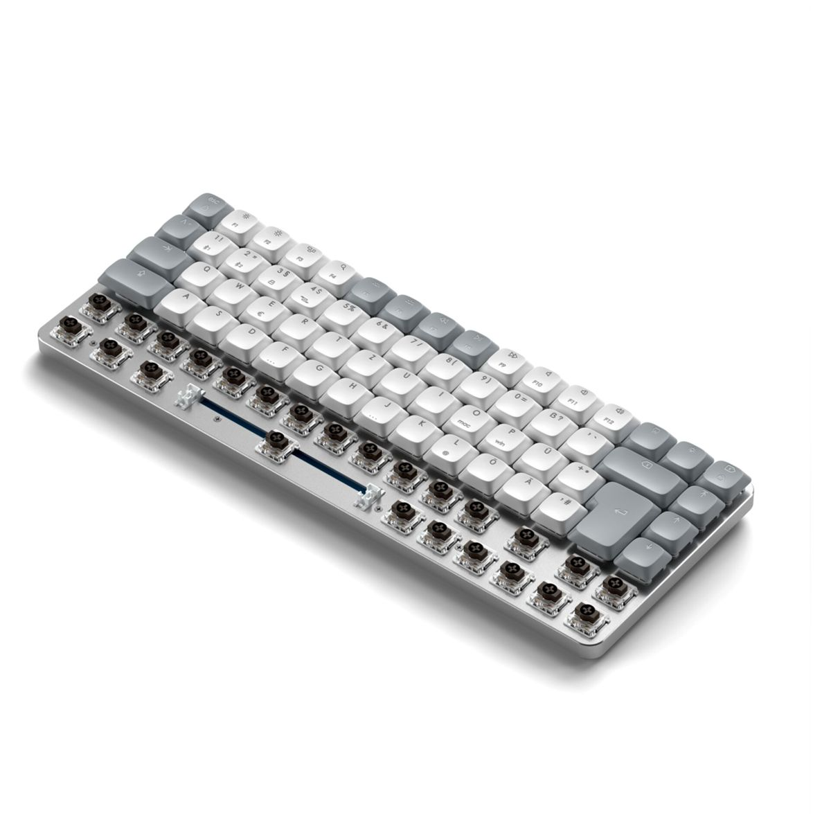 Eine silberne mechanische Tastatur mit weißen und grauen Tastenkappen und freiliegenden Schaltern.
