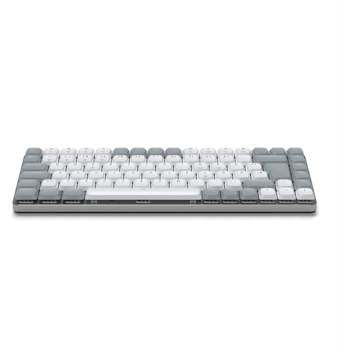 Eine graue und weiße Tastatur mit einem weißen Abstandhalter.
