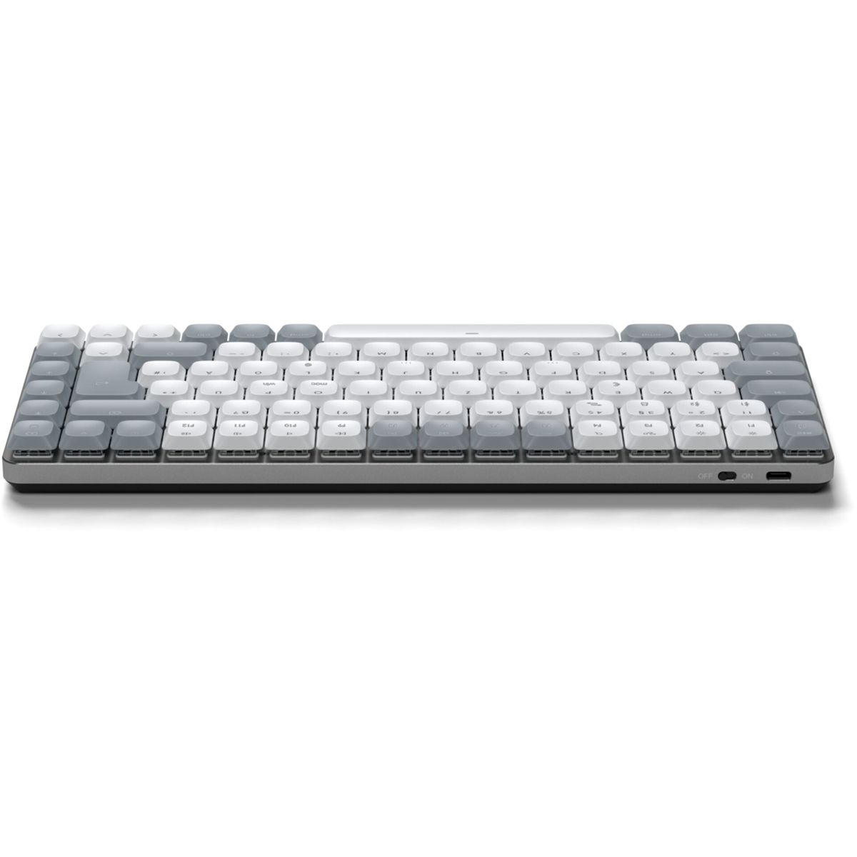 Eine kompakte, zweifarbige mechanische Tastatur mit grauen und weißen Tasten.
