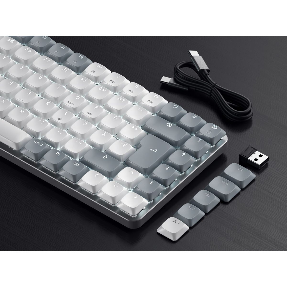 Eine weiße und graue mechanische Tastatur mit USB-C-Kabel und Dongle.