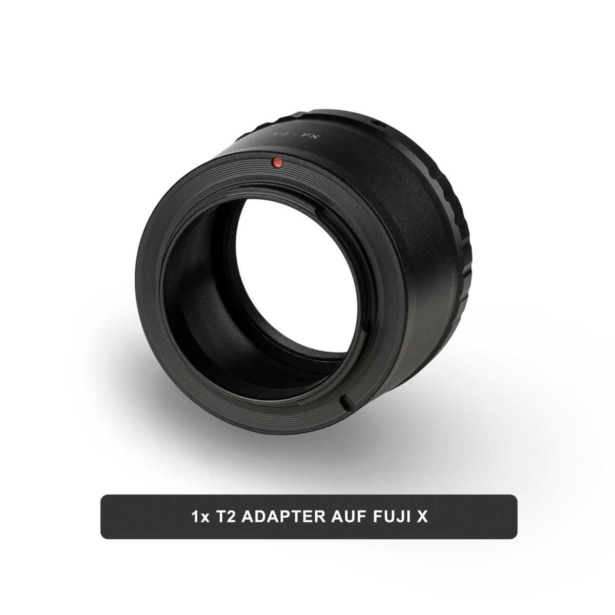 Ein schwarzer T2-Adapter für Fuji X-Kameras mit rotem Punkt.