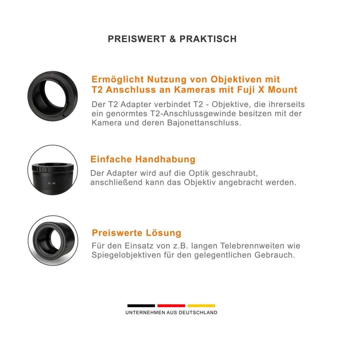 Produktbild zeigt drei T2-Objektivadapter für Fuji X Mount Kameras.