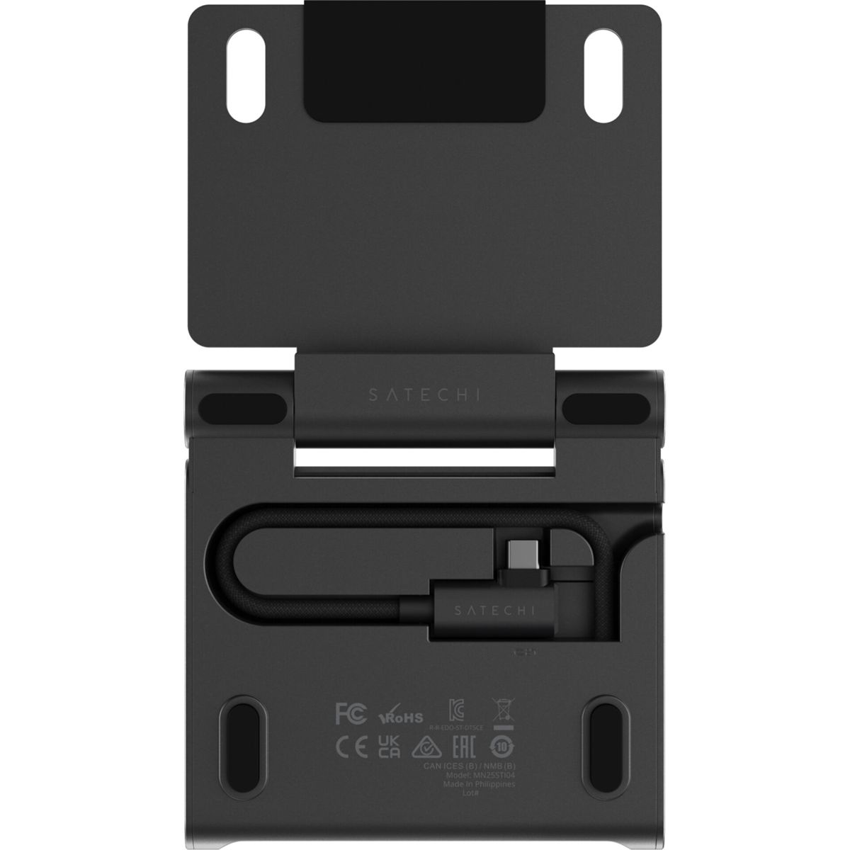 Supporto Satechi grigio scuro con cavo e porta USB-C visibili.