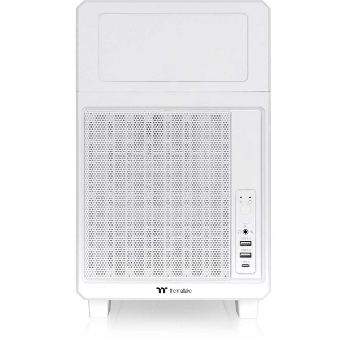 Ein weißes PC-Gehäuse mit Lüftungsgitter und Anschlüssen vorne.