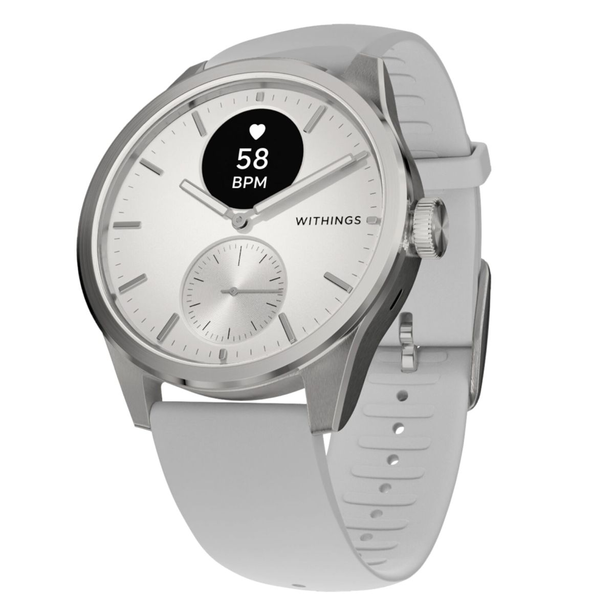Eine silberne Smartwatch mit weißem Armband, die 58 BPM anzeigt.