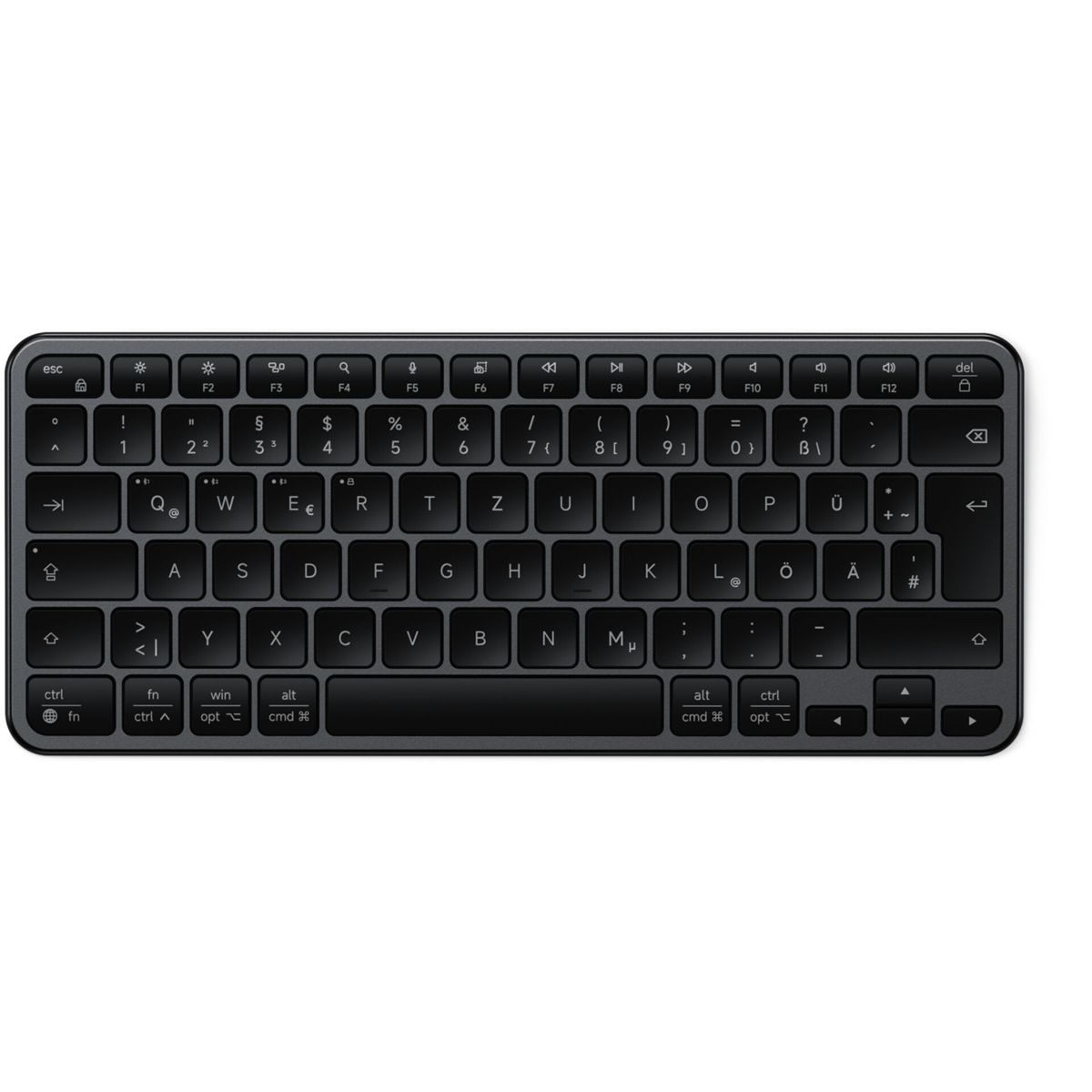 Ein dunkles, kompaktes Tastatur-Layout mit deutschen Tasten.