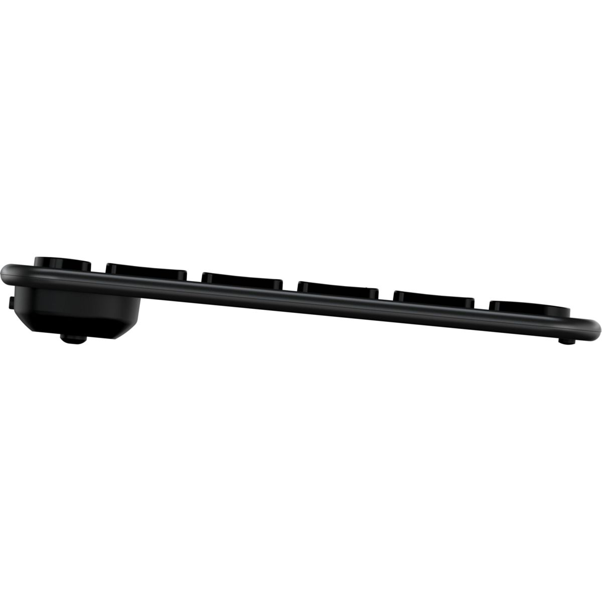 Schwarze Tastatur von der Seite mit weißen Tasten.