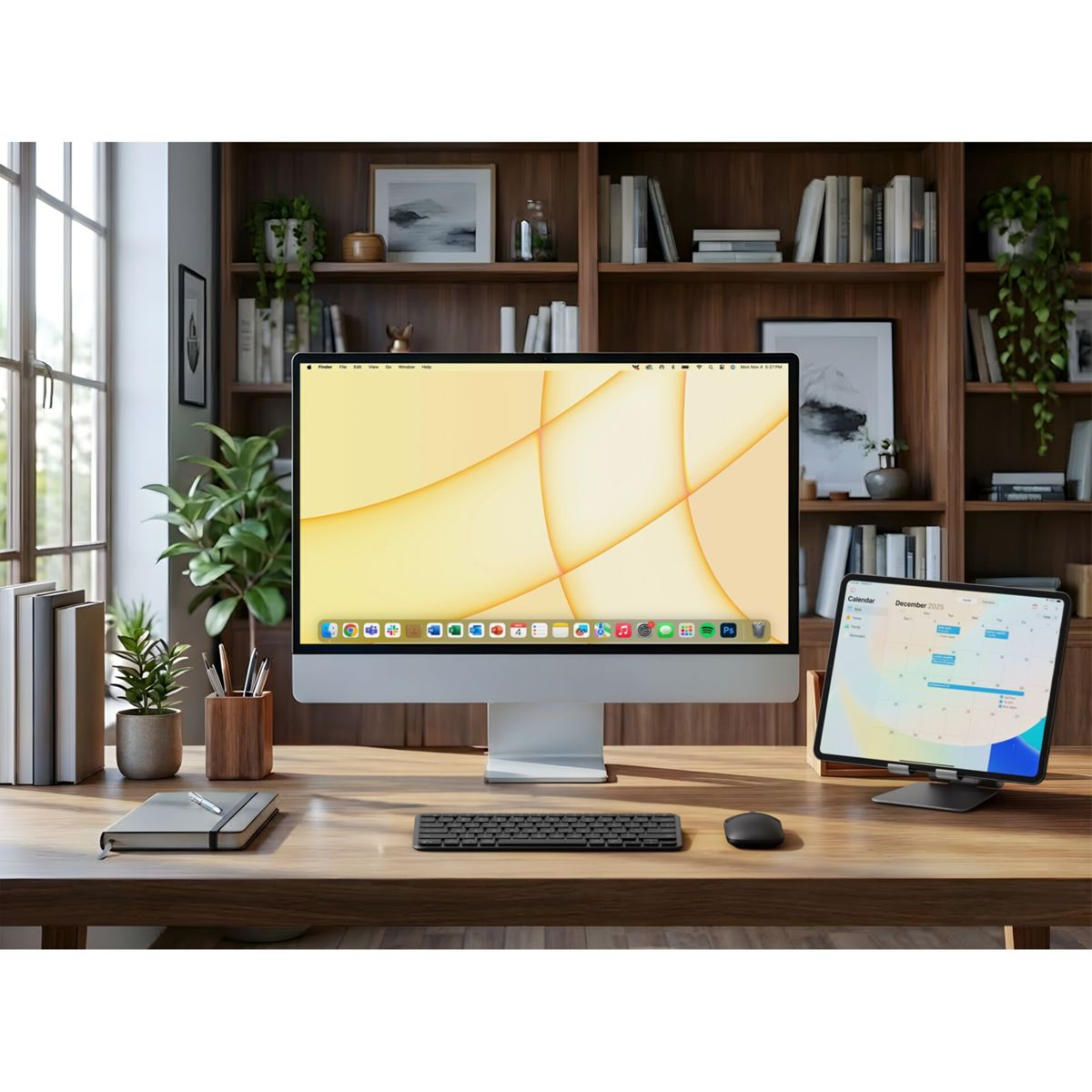 Ein Desktop-Setup mit einem iMac, Tastatur, Maus, Tablet und Büchern auf einem Holztisch.