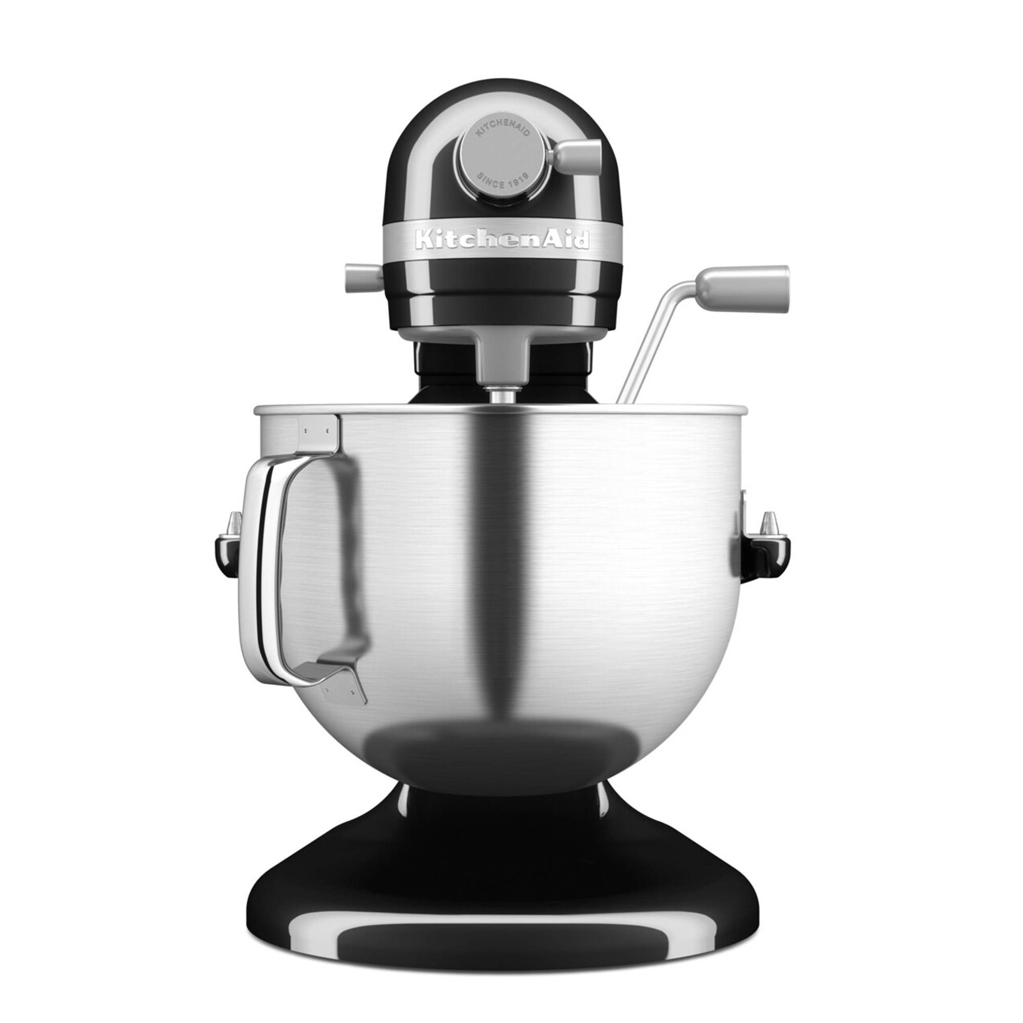 Schwarzer KitchenAid-Standmixer mit poliertem Metallnapf und Griff.
