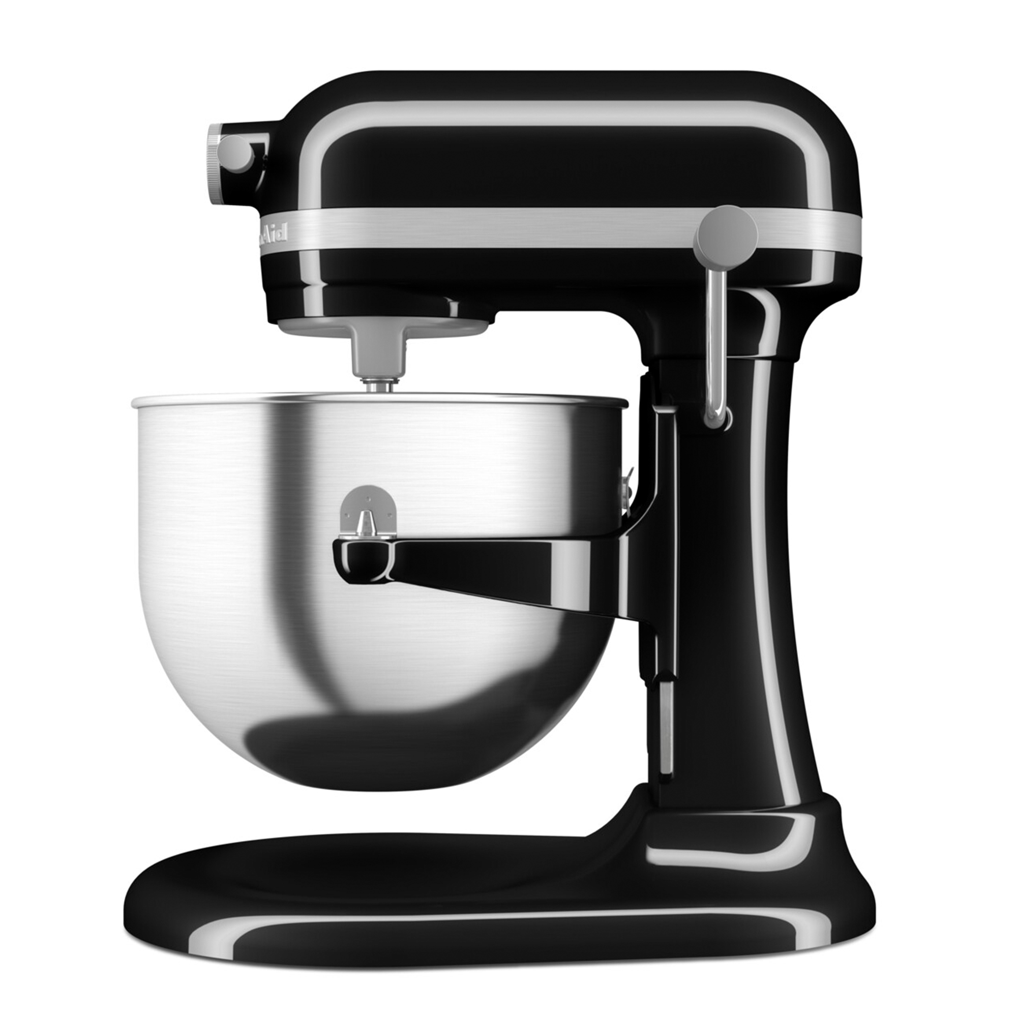 Ein glänzender schwarzer Küchenmixer mit Edelstahlschüssel, auf weißem Hintergrund.