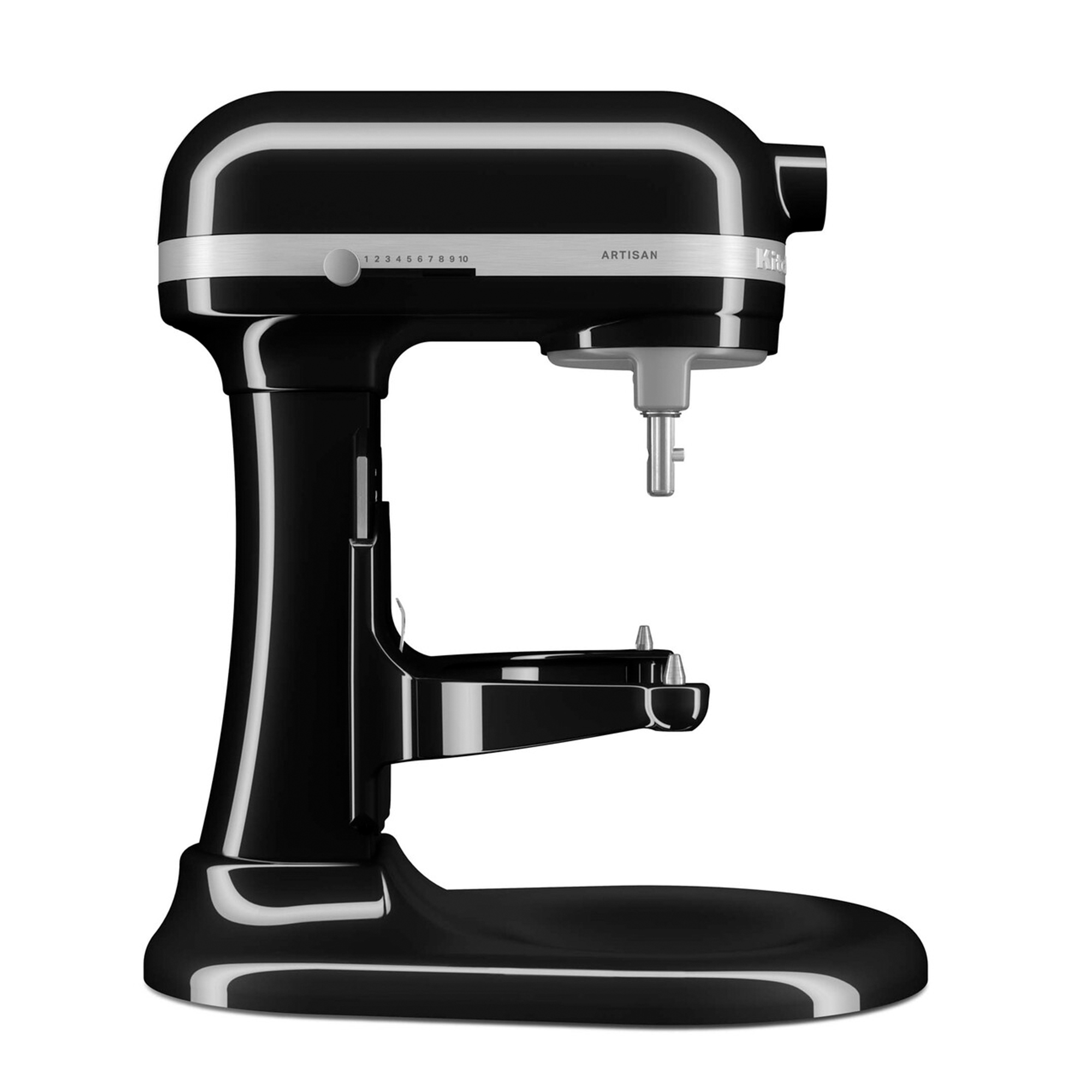 Schwarzer Küchenmaschinen-Standmixer mit silbernem Streifen und Geschwindigkeitsregler.