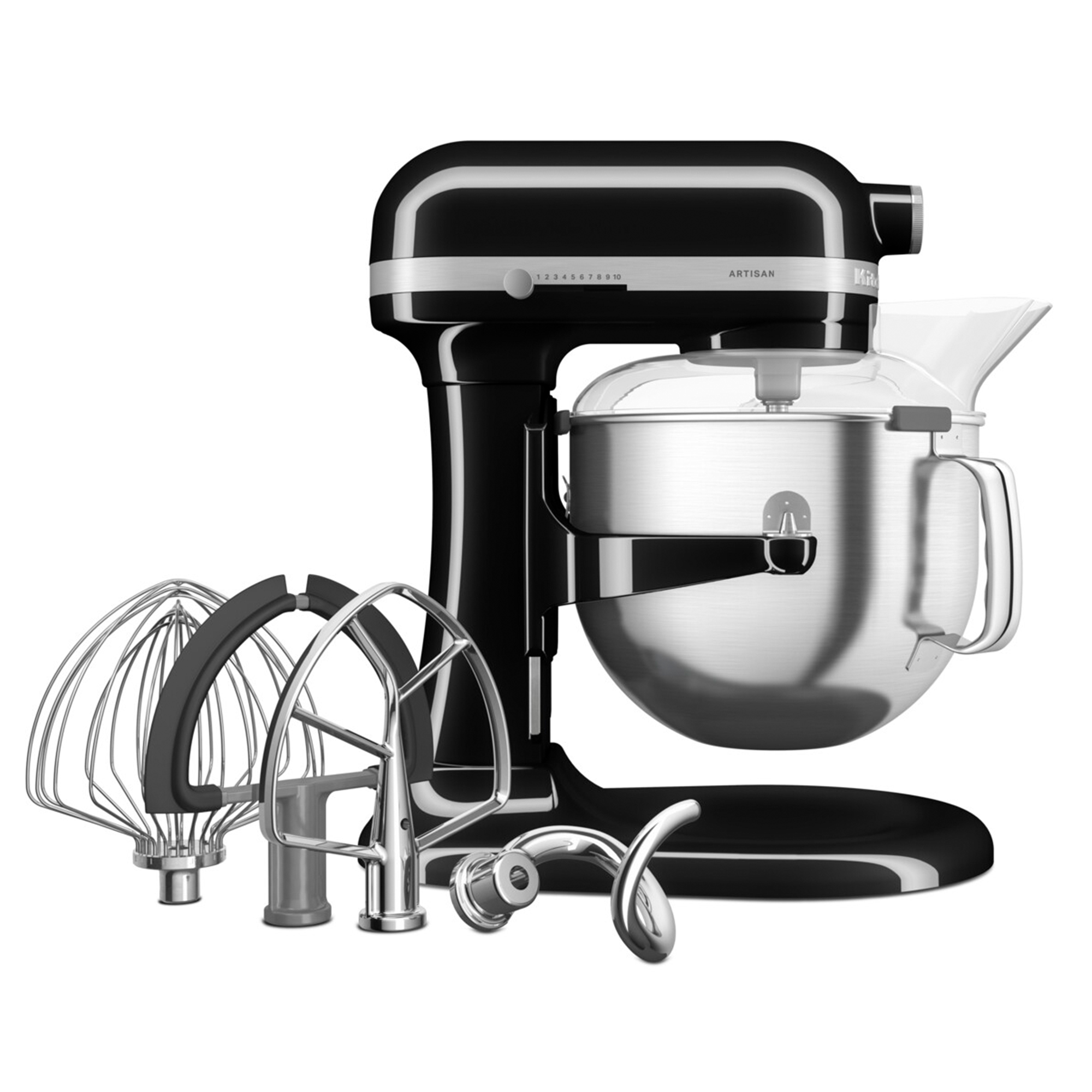 Schwarzer Küchenmaschinen-Standmixer mit Edelstahl-Schüssel und Zubehör.