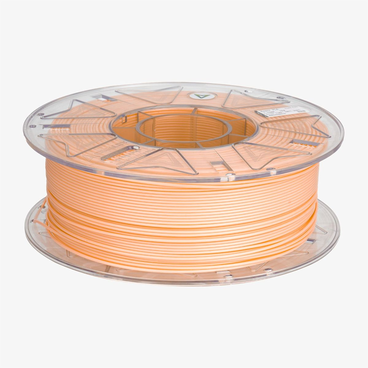 Una bobina di filamento per stampa 3D arancione chiaro su un porta bobina trasparente.