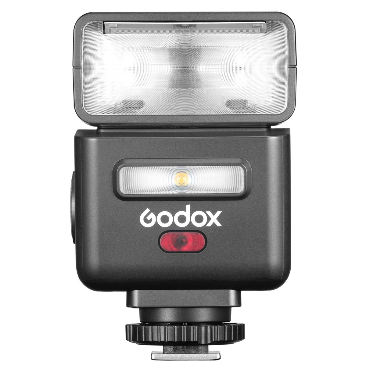 Un flash Godox nero per fotocamera con riflettore testurizzato e luce pilota LED.