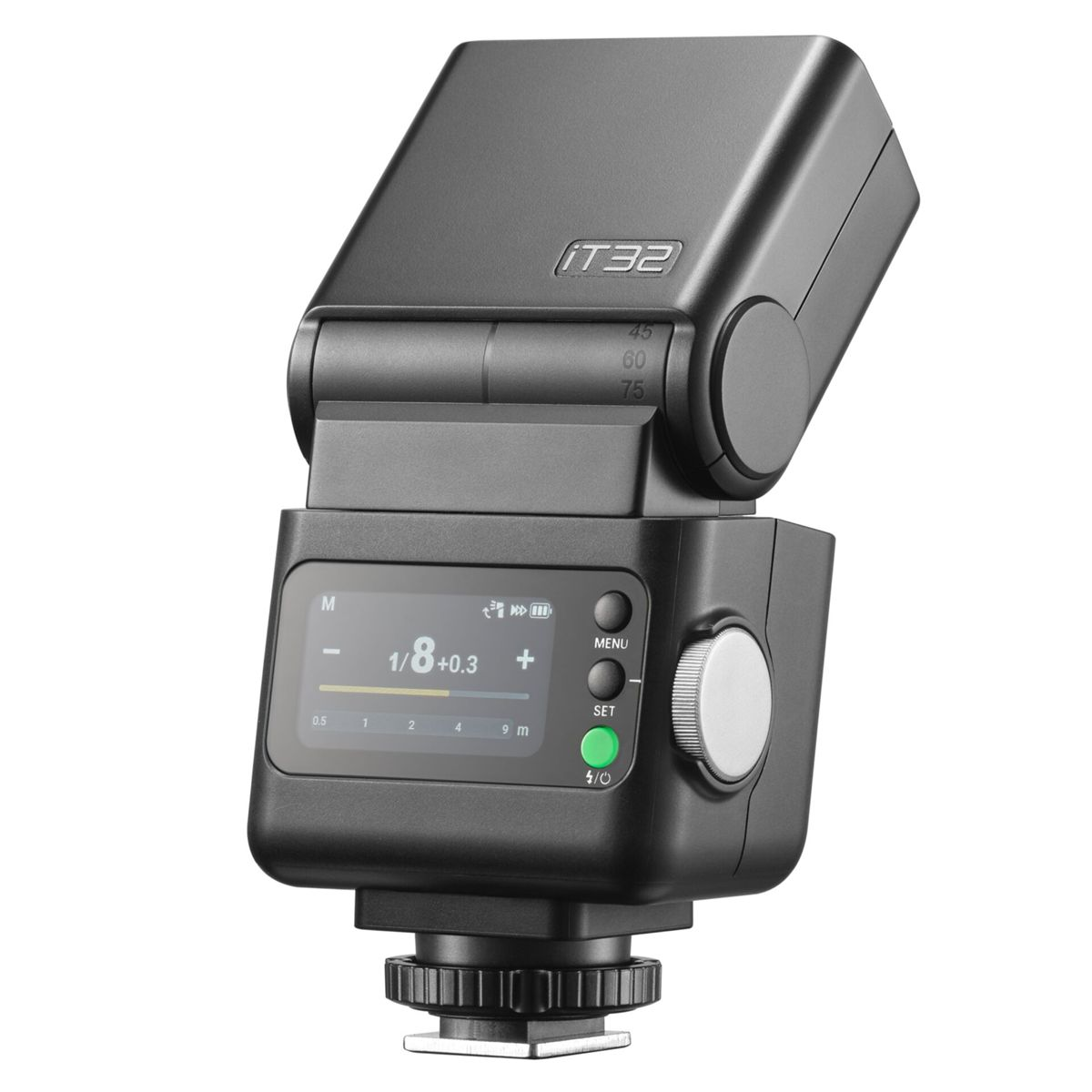 Un flash per fotocamera nero con schermo LCD che mostra 1/8+0.3.