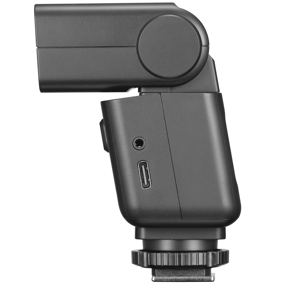 Unità flash per fotocamera nera con testa girevole e porte.