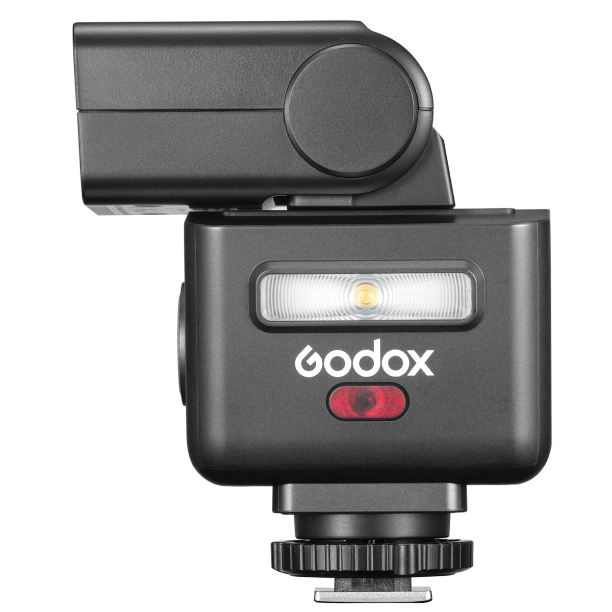 Una testa flash Godox nera con ghiera di regolazione argentata e luce rossa.