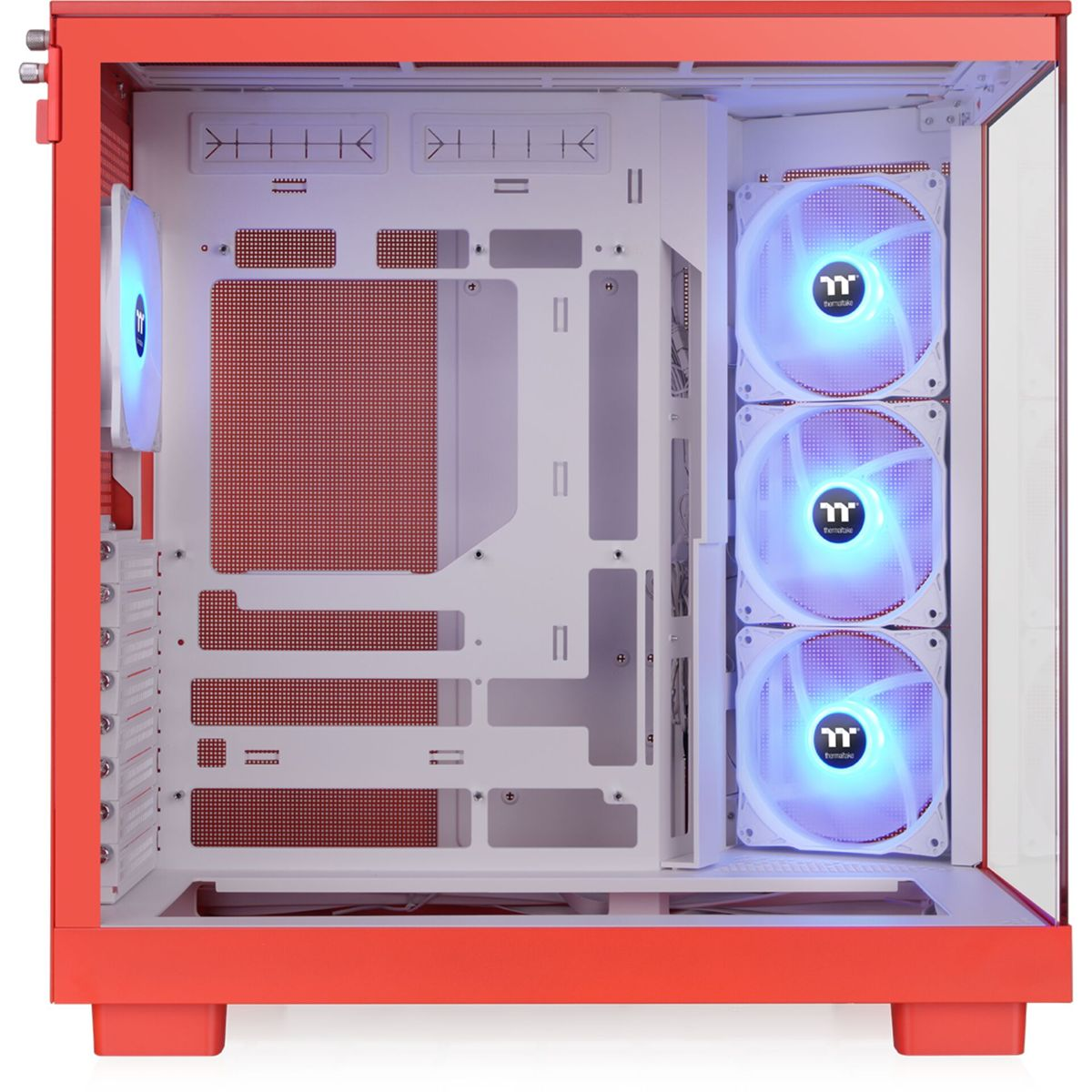 Una caja de ordenador roja con componentes internos blancos y ventiladores azules.