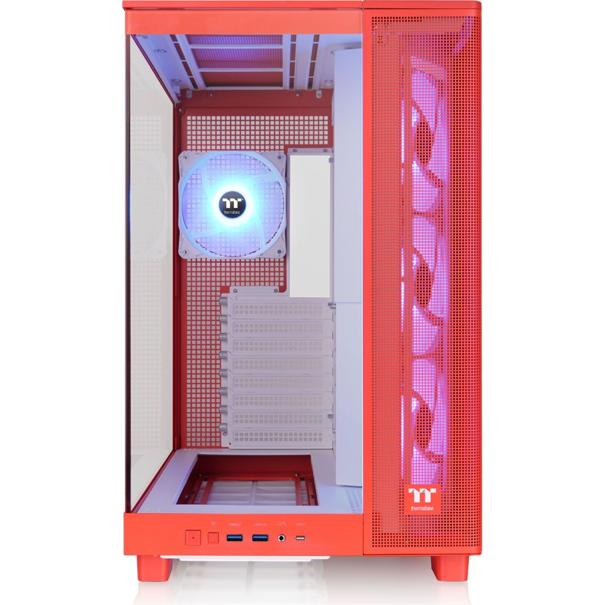Una caja de PC roja con frontal de cristal y ventiladores con iluminación morada.