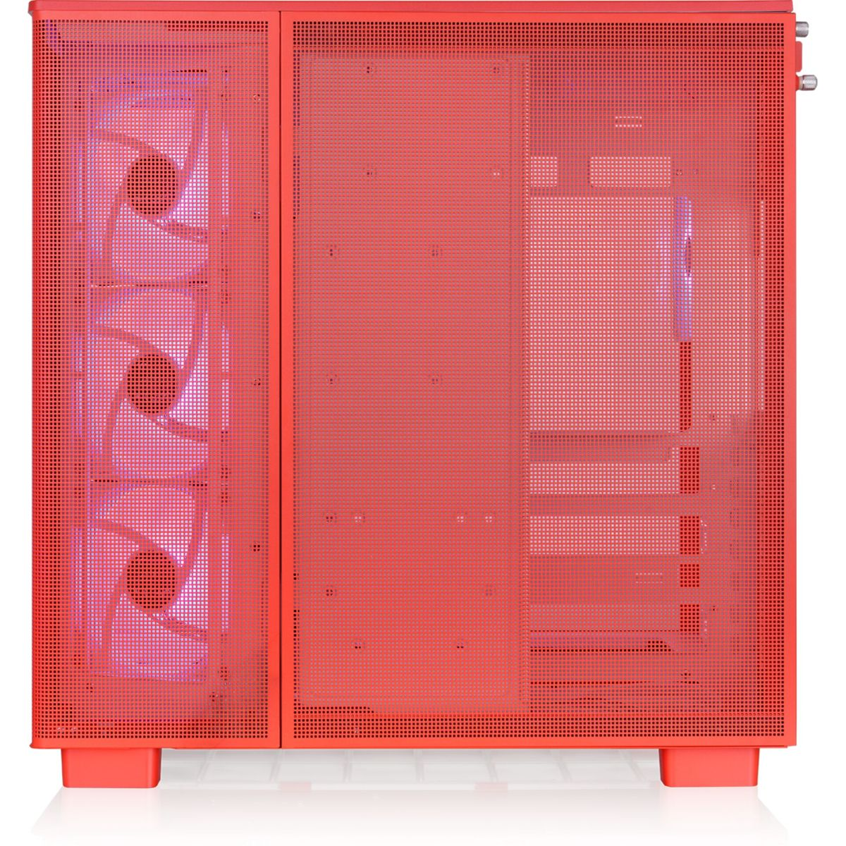 Una caja de PC roja con tres ventiladores en el lado izquierdo.
