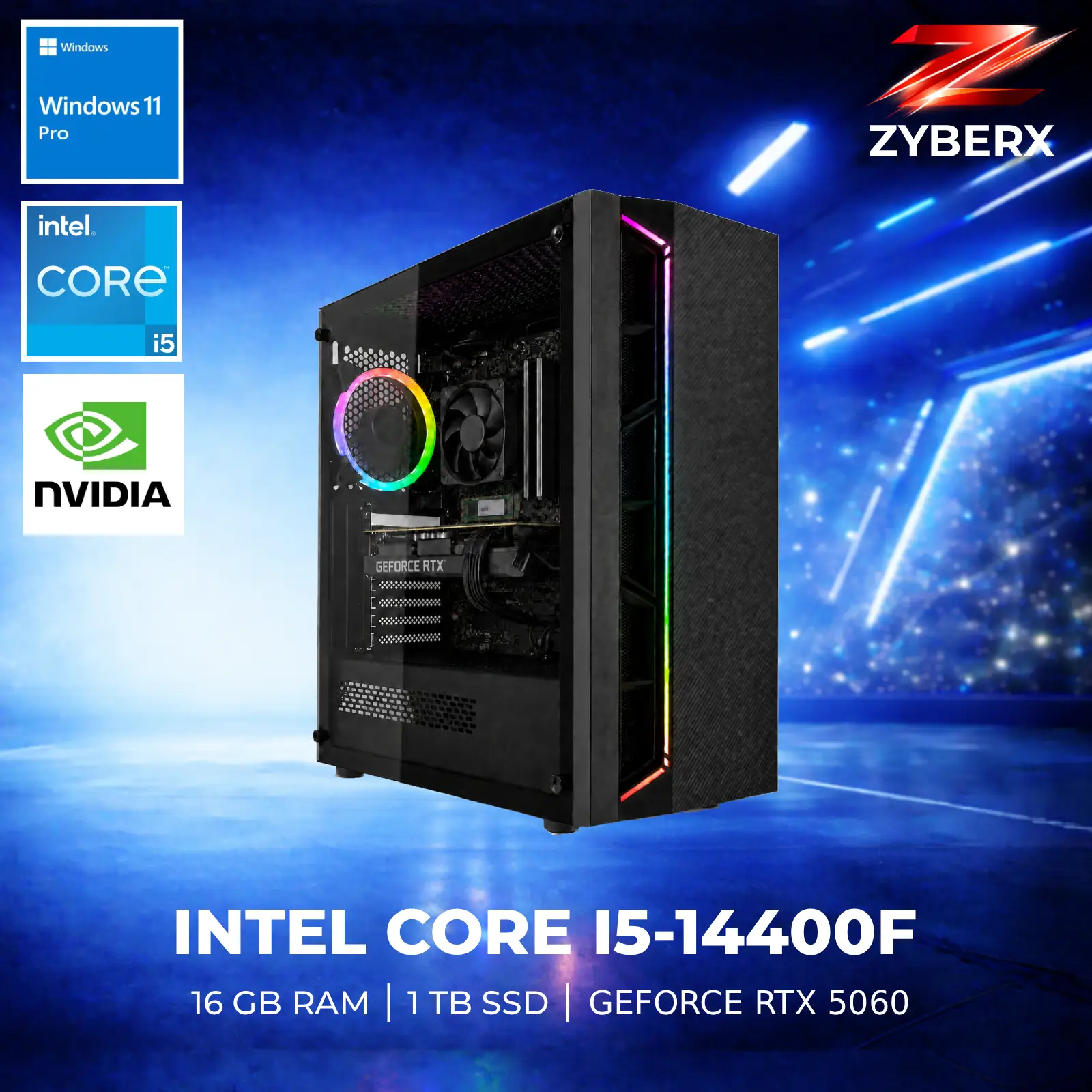 Ein schwarzer PC-Turm mit Glasfront, RGB-Lüfter und "Intel Core i5"-Aufschrift.
