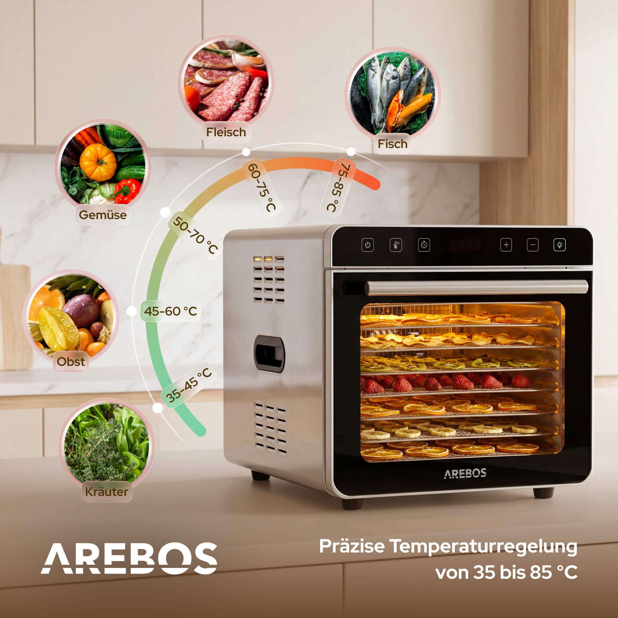 AREBOS Dörrautomat mit verschiedenen Lebensmitteln und Temperaturangaben.