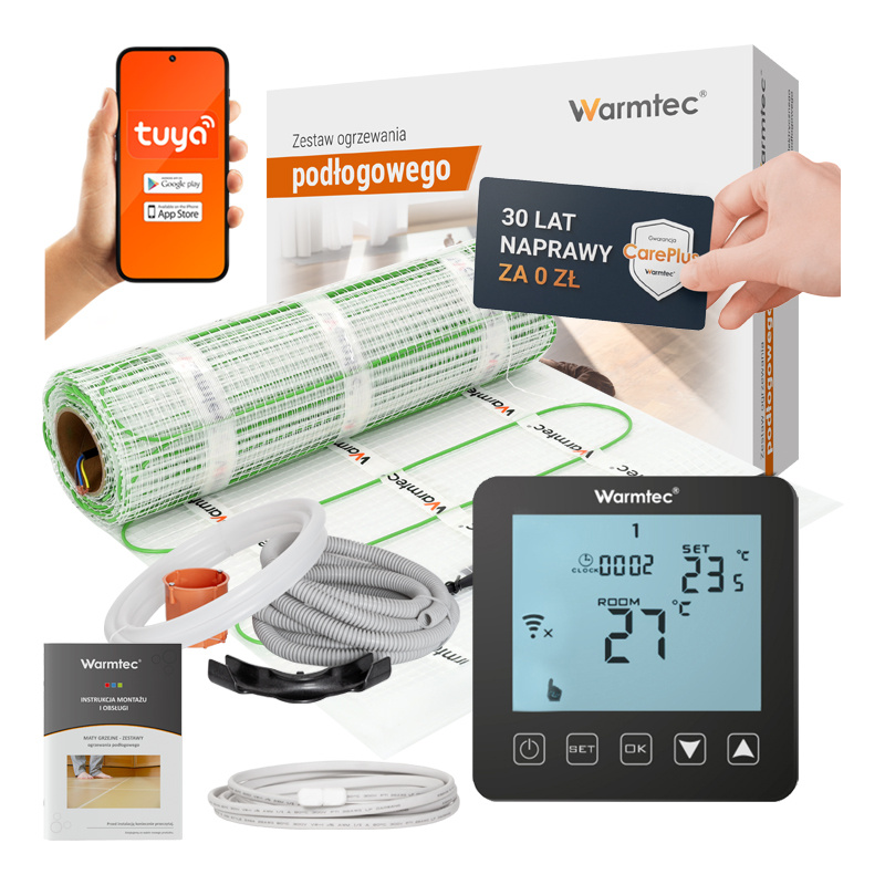 Zestaw ogrzewania podłogowego Warmtec z termostatem, matą i instrukcją.