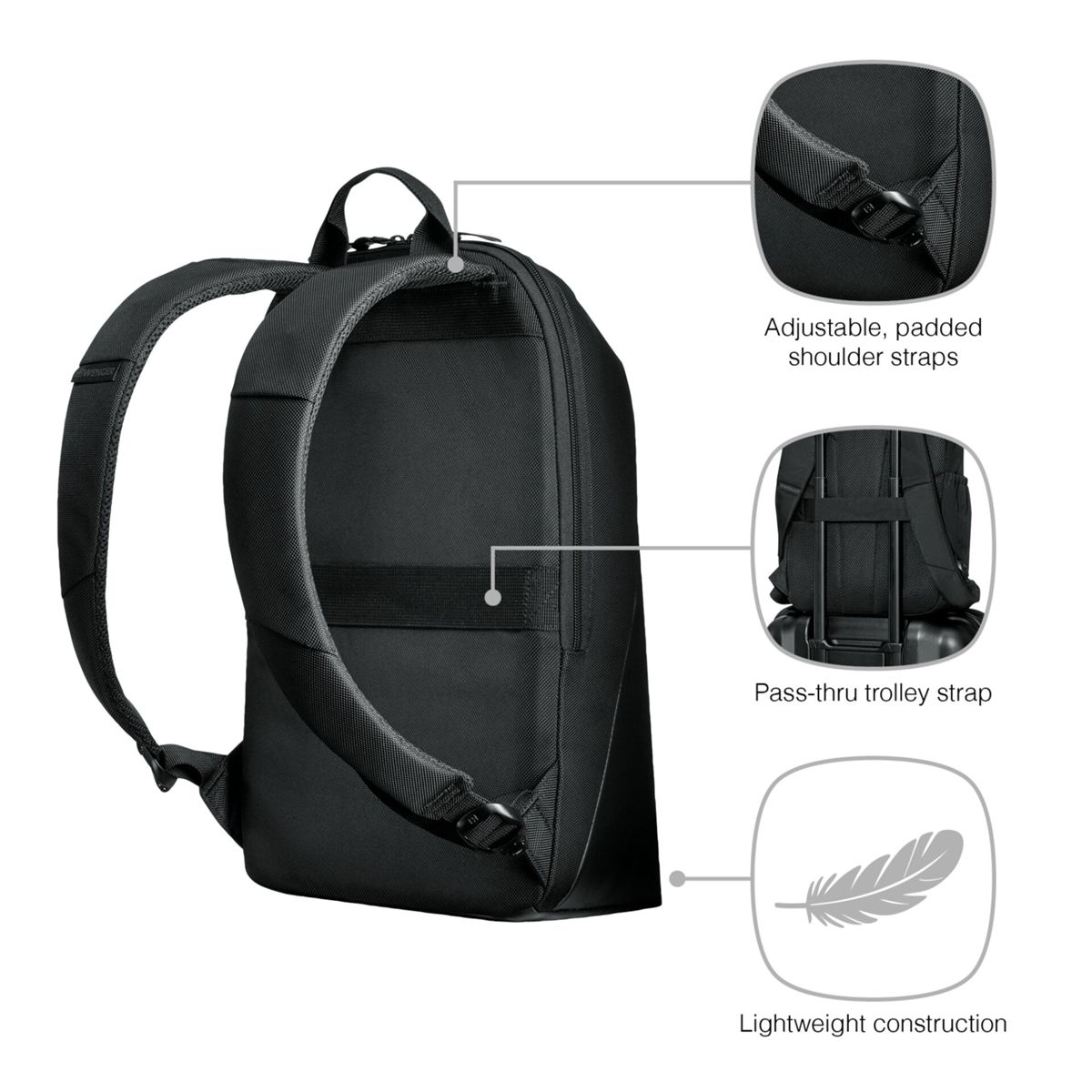 Schwarzer Rucksack mit gepolsterten Trägern, Trolley-Schlaufe und Feder-Symbol.