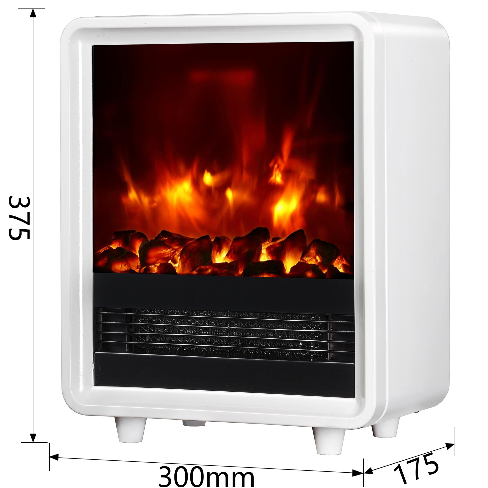 Ein weier Elektrokamin mit realistischen Flammen und glhenden Kohlen.