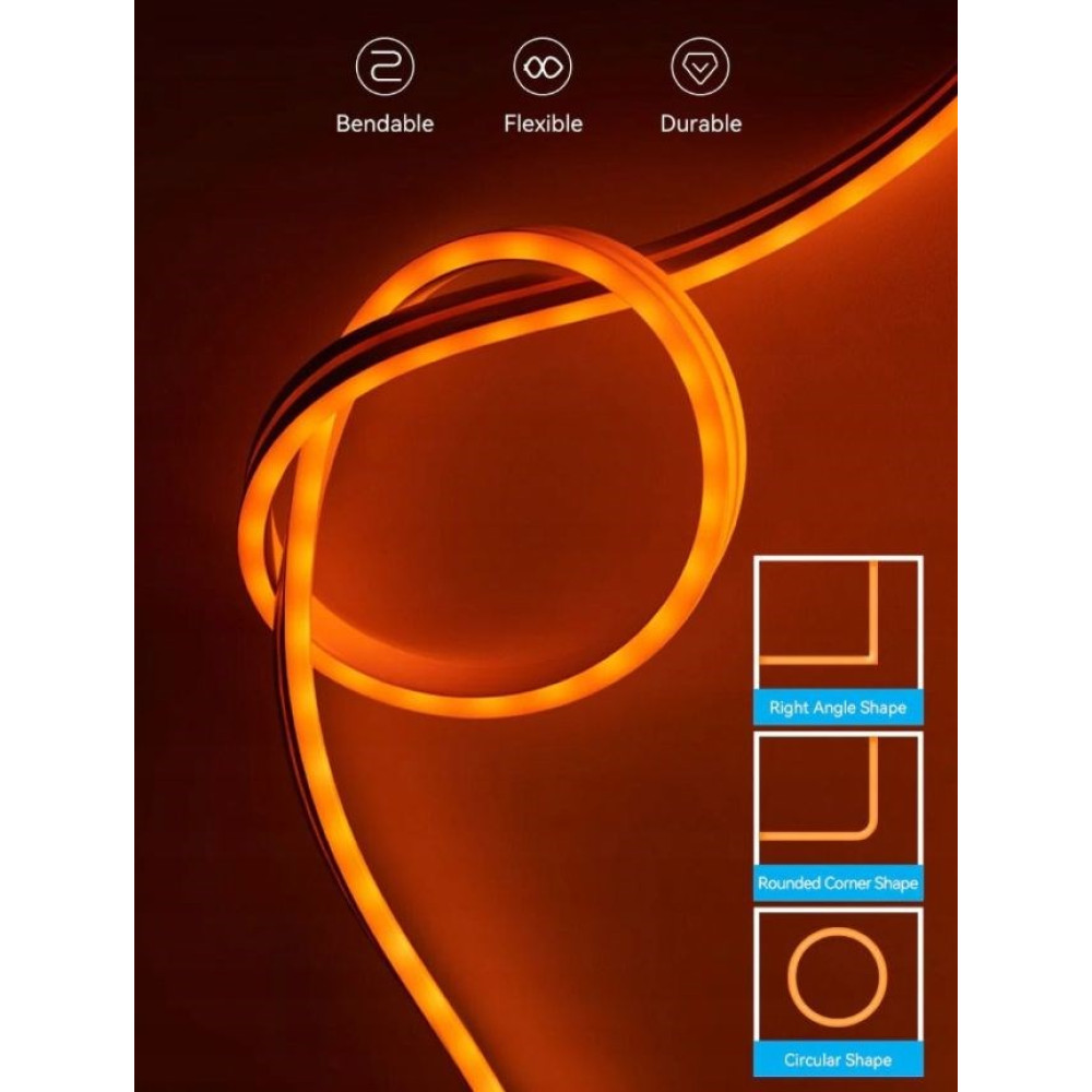 Pomarańczowe światło neonowe zgina się w kształt koła. Ikony Bendable, Flexible, Durable na górze.
