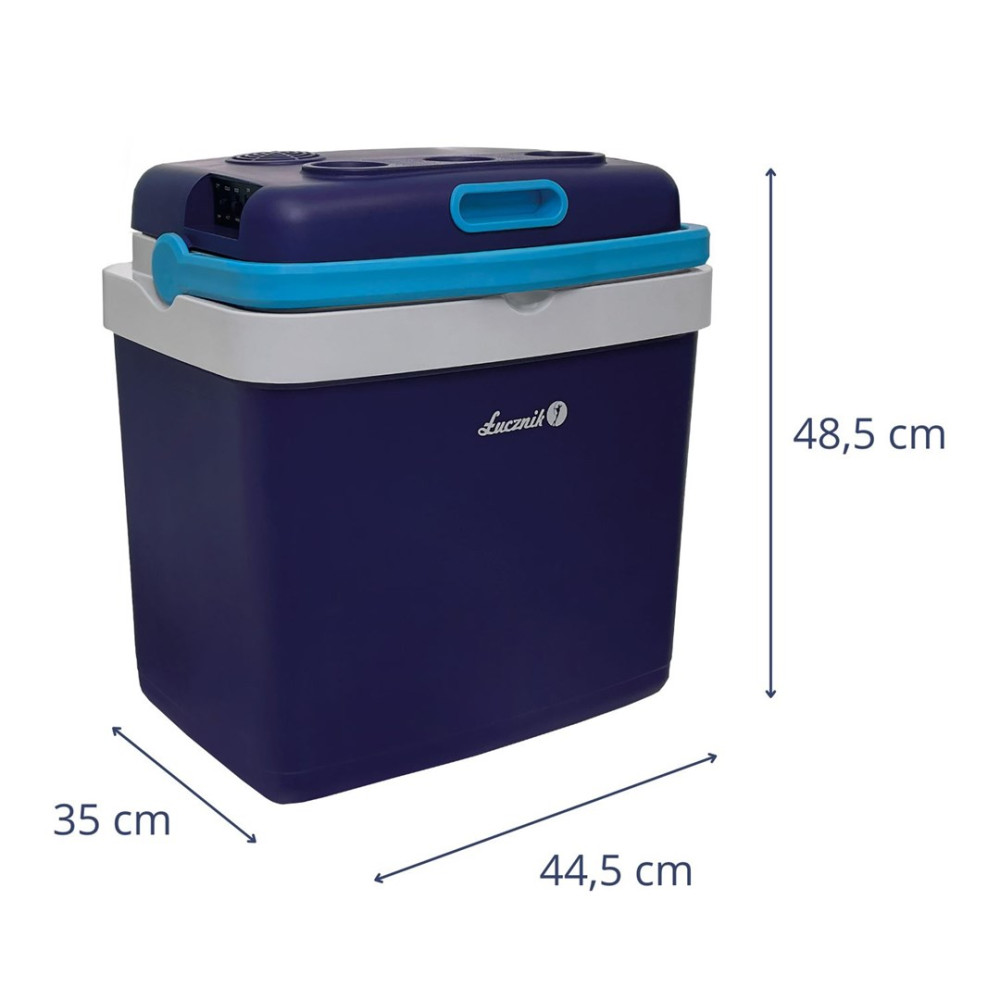 Ciemnoniebieska lodówka turystyczna z białymi i jasnoniebieskimi akcentami, wymiary 44,5x35x48,5 cm.