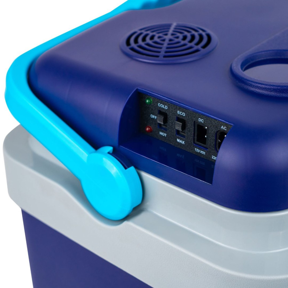 Niebiesko-szary przenośny cooler z panelem sterowania, wentylatorem i portami 12V/220V.